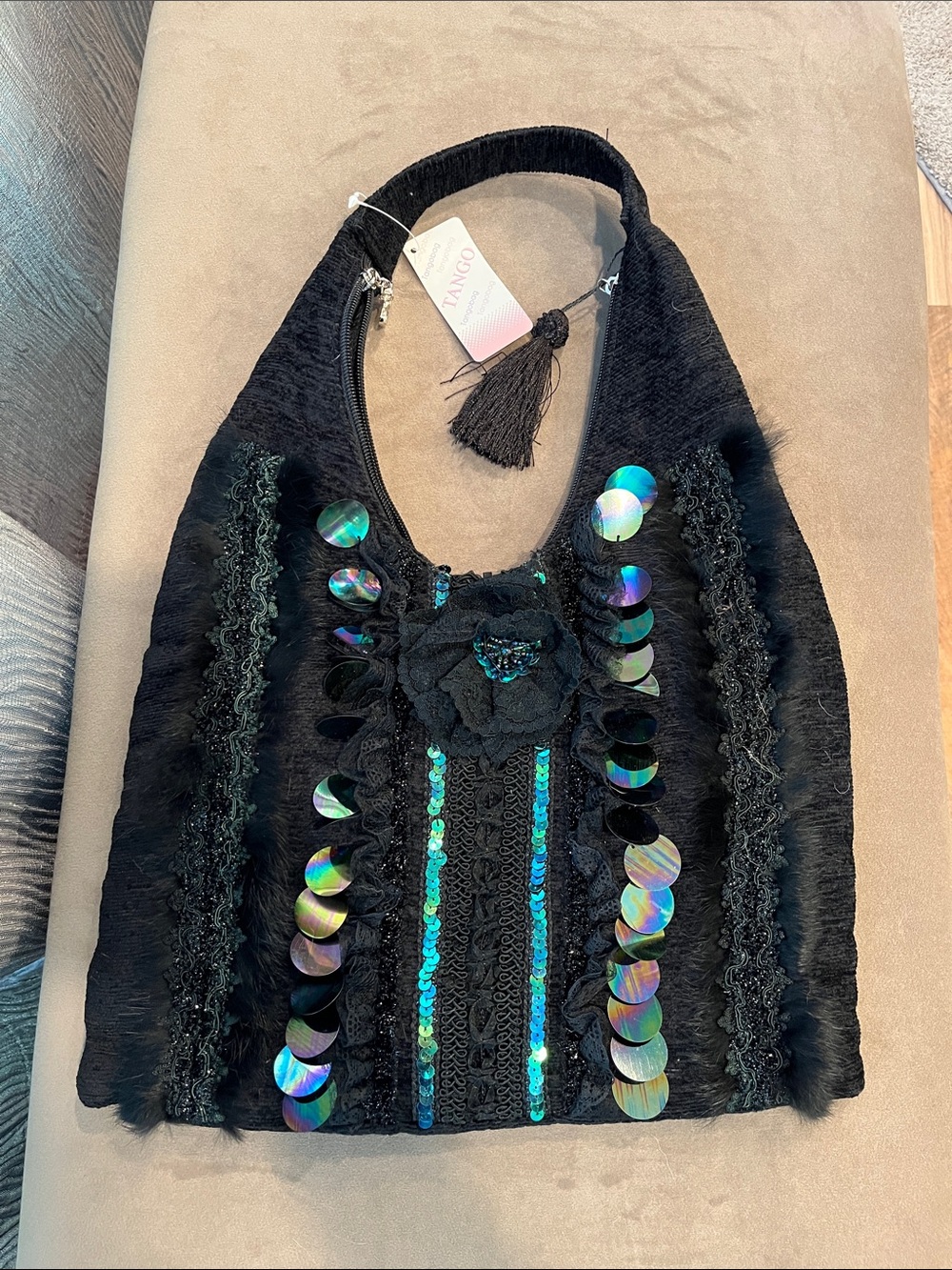 Tango Black Sequin-Embellished Shoulder Bag with Tassel Accent